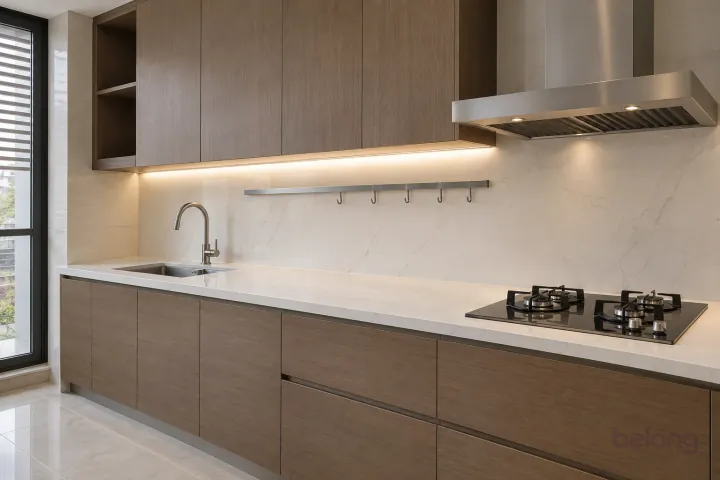 Smoked oak prep run with a flush utility rail, with smoked oak and white tile finishes, precise fitted joinery and pristine surfaces in a contemporary Indian home.