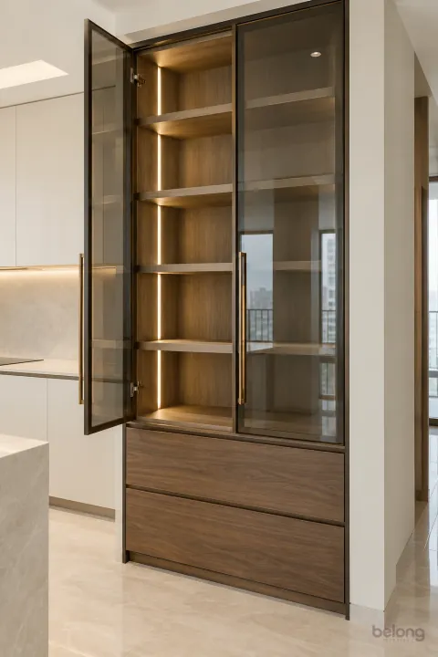 Smoked-glass cabinet with illuminated shelves, with ivory white and clear glass finishes, precise fitted joinery and pristine surfaces in a contemporary Indian home.