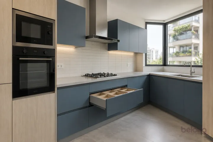 New modern deep drawers with oak organisers in denim blue and pale ash, with pale grey quartz worktops and ivory narrow rectangular tiles in horizontal stack.