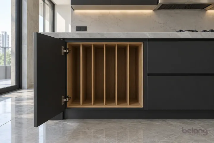 Black base storage with vertical dividers, with soft black and concrete quartz finishes, precise fitted joinery and pristine surfaces in a contemporary Indian home.