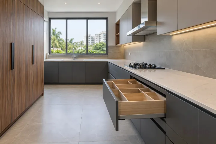 Wide new kitchen drawer with empty oak dividers beneath a clean pale stone worktop.