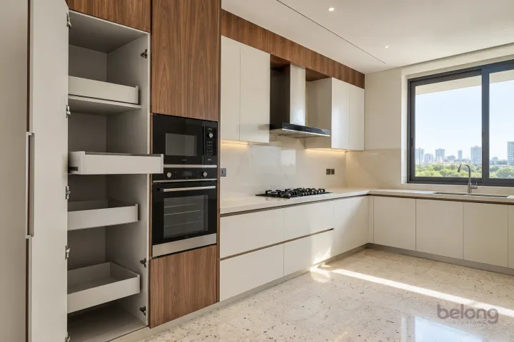 New modern tall pantry with individual trays in warm white and figured walnut, with plain warm-white quartz worktops and ivory large-format porcelain.