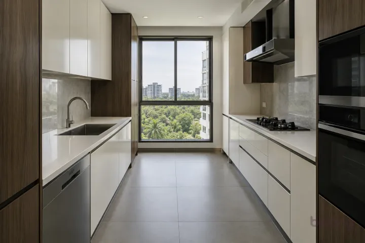 New modern parallel kitchen with a clear aisle in pearl white and smoked eucalyptus, with white quartz worktops and pale grey porcelain slab.