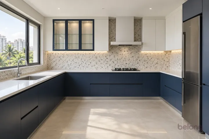 Navy U-shaped kitchen with fine terrazzo backsplash and clear-glass accent cupboards.