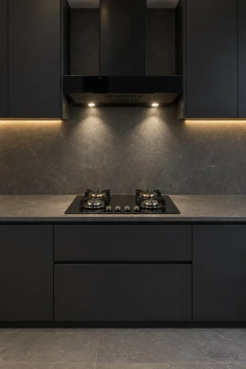 Matte black hob wall lit by the chimney lamps, with matte black and dark grey stone finishes, precise fitted joinery and pristine surfaces in a contemporary Indian home.