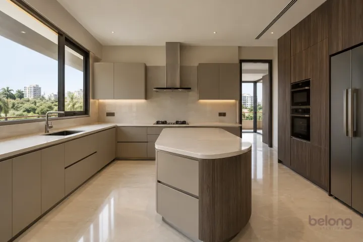 New modern villa kitchen with a central island in greige and dark oak, with cream porcelain slab worktops and pale beige large-format ceramic.