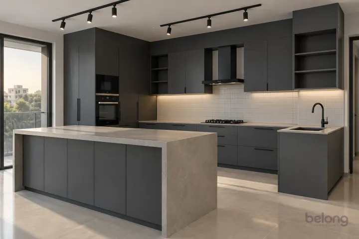 Charcoal kitchen with black track spotlights, with charcoal grey and concrete quartz finishes, precise fitted joinery and pristine surfaces in a contemporary Indian home.