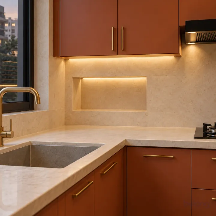 Terracotta kitchen with a lit stone niche, with terracotta and cream stone finishes, precise fitted joinery and pristine surfaces in a contemporary Indian home.