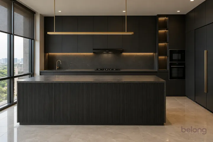 Black fluted island under a linear pendant, with matte black and dark leathered stone finishes, precise fitted joinery and pristine surfaces in a contemporary Indian home.