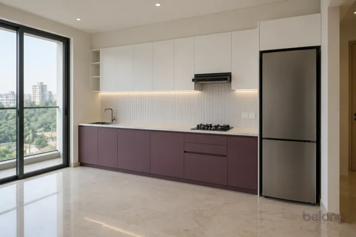 New modern compact straight kitchen in aubergine and porcelain white, with white fine-veined porcelain worktops and white vertical stacked tiles.
