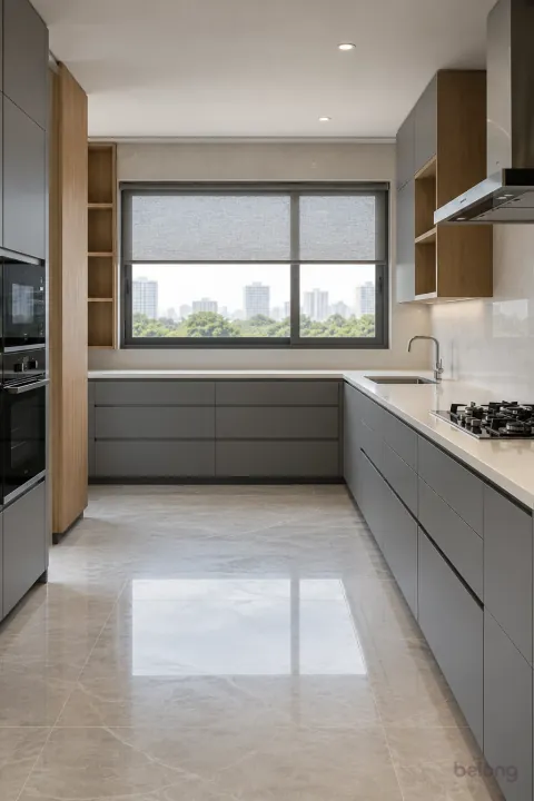 Slate-grey prep run below a wide window, with slate grey and white quartz finishes, precise fitted joinery and pristine surfaces in a contemporary Indian home.