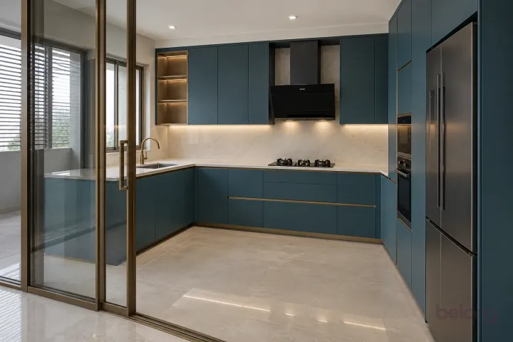 Petrol-blue kitchen behind clear glass, with petrol blue and white quartz finishes, precise fitted joinery and pristine surfaces in a contemporary Indian home.