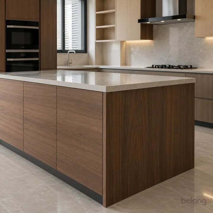 Walnut peninsula with a supported stone edge, with walnut veneer and pale grey stone finishes, precise fitted joinery and pristine surfaces in a contemporary Indian home.