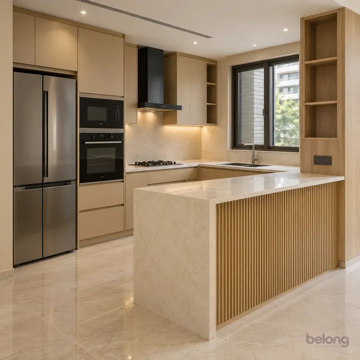 Sand peninsula with a ribbed oak outer face, with warm sand and cream stone finishes, precise fitted joinery and pristine surfaces in a contemporary Indian home.