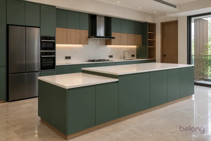 Bottle-green island with stepped prep zones, with bottle green and white quartz finishes, precise fitted joinery and pristine surfaces in a contemporary Indian home.