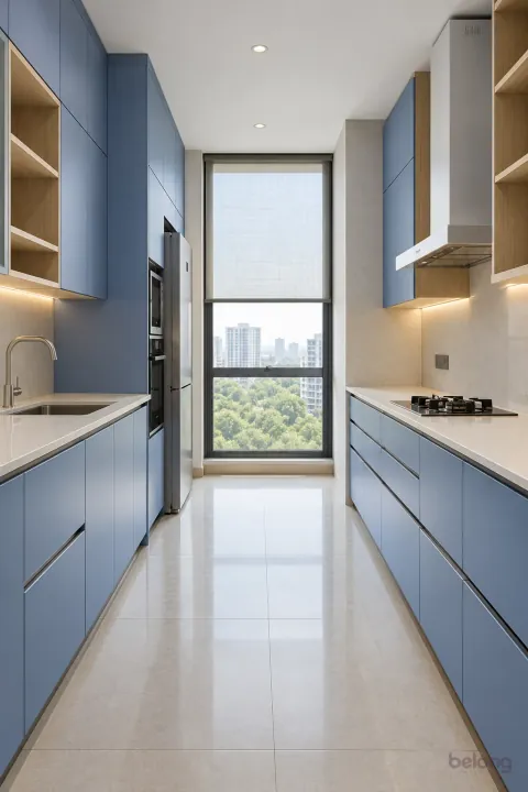Cornflower galley with a clear end window, with cornflower blue and white quartz finishes, precise fitted joinery and pristine surfaces in a contemporary Indian home.