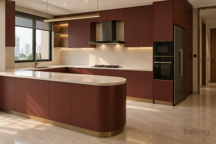 Oxblood peninsula with a softened corner, with oxblood and warm white quartz finishes, precise fitted joinery and pristine surfaces in a contemporary Indian home.