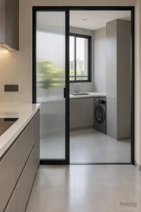 Grey utility behind a fluted glass sliding door, with warm grey and fluted glass finishes, precise fitted joinery and pristine surfaces in a contemporary Indian home.