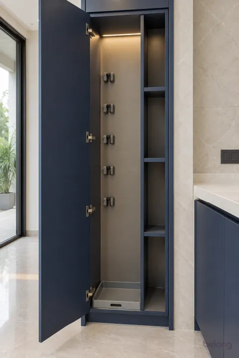 Navy tall utility cabinet with an empty storage bay, with pristine fitted cabinetry and clean surfaces in a contemporary Indian home.