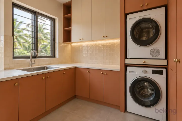 Terracotta utility with stacked washer and dryer, with terracotta and handmade cream finishes, precise fitted joinery and pristine surfaces in a contemporary Indian home.