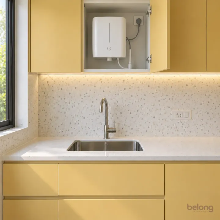 Butter yellow utility with a purifier spot, with butter yellow and terrazzo white finishes, precise fitted joinery and pristine surfaces in a contemporary Indian home.