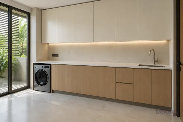 Oak utility with a clear folding counter, with natural oak and stone white finishes, precise fitted joinery and pristine surfaces in a contemporary Indian home.