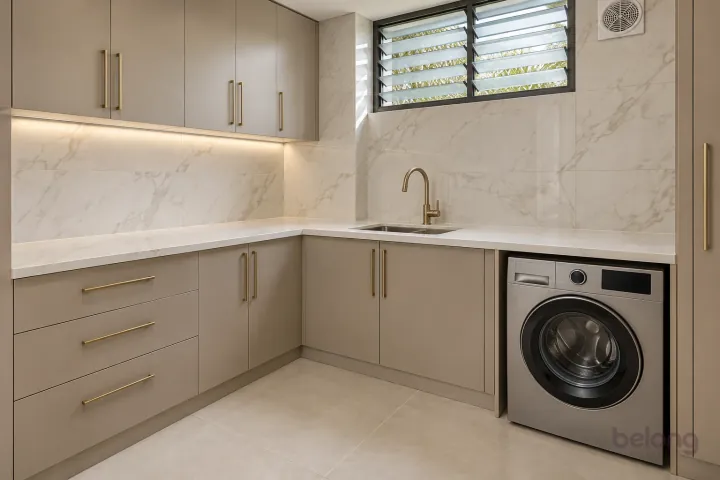 Greige utility with a louvred vent window, with soft greige and marble-look white finishes, precise fitted joinery and pristine surfaces in a contemporary Indian home.