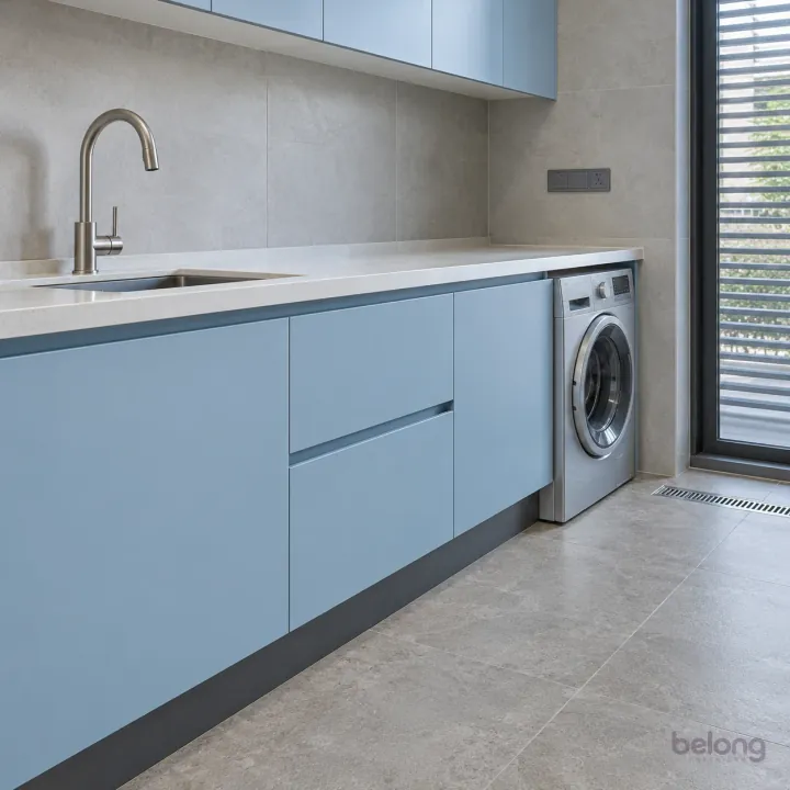 Powder-blue wash area with a linear floor drain, with pristine fitted cabinetry and clean surfaces in a contemporary Indian home.