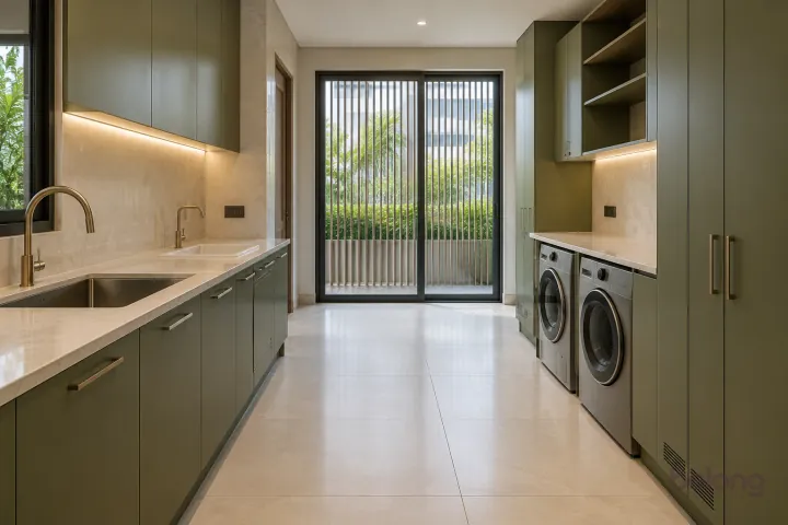 Olive villa utility room with two sinks, with olive green and warm ivory finishes, precise fitted joinery and pristine surfaces in a contemporary Indian home.