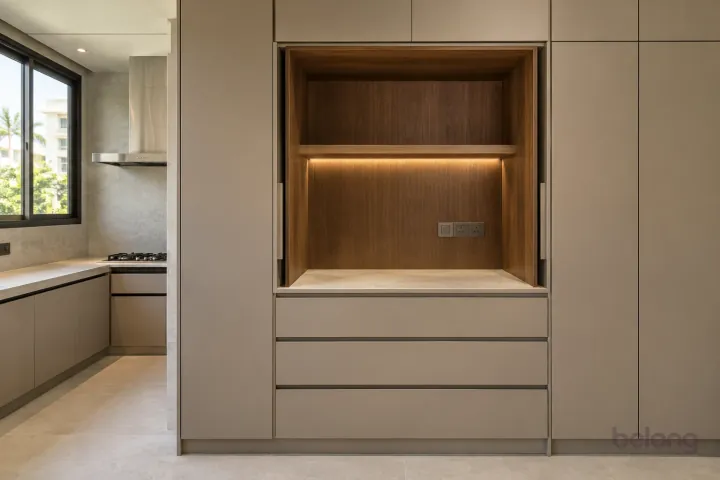 Premium walnut appliance garage with retracted doors, an empty stone counter and discreet sockets.