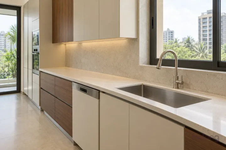New stainless undermount sink and brushed nickel pull-down faucet beside an integrated dishwasher.