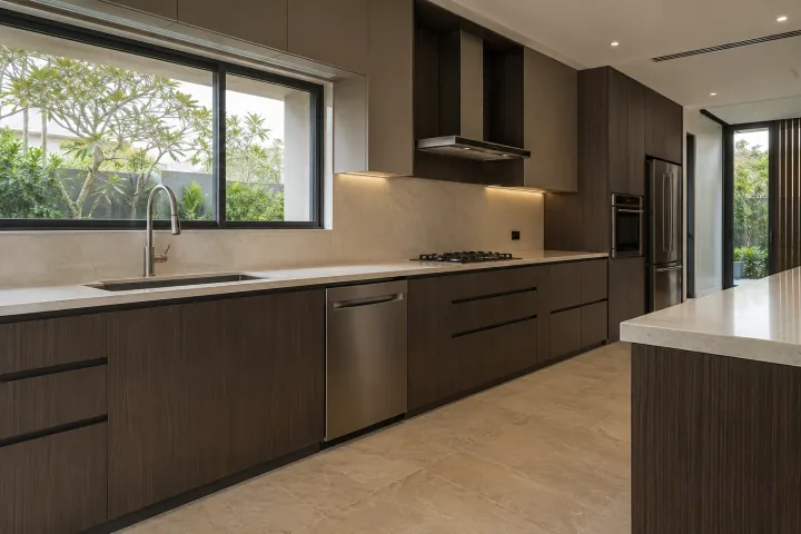 New modern wide stainless undermount sink and pull-down mixer in espresso and mocha, with cream quartzite-look porcelain worktops and warm off-white large slab backsplash.