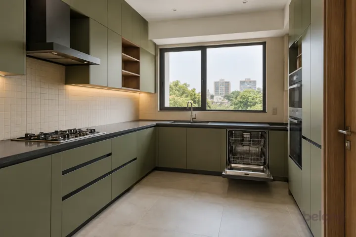 New modern fitted dishwasher with empty racks in olive and charcoal, with honed charcoal quartz worktops and cream micro-grid ceramic tiles.