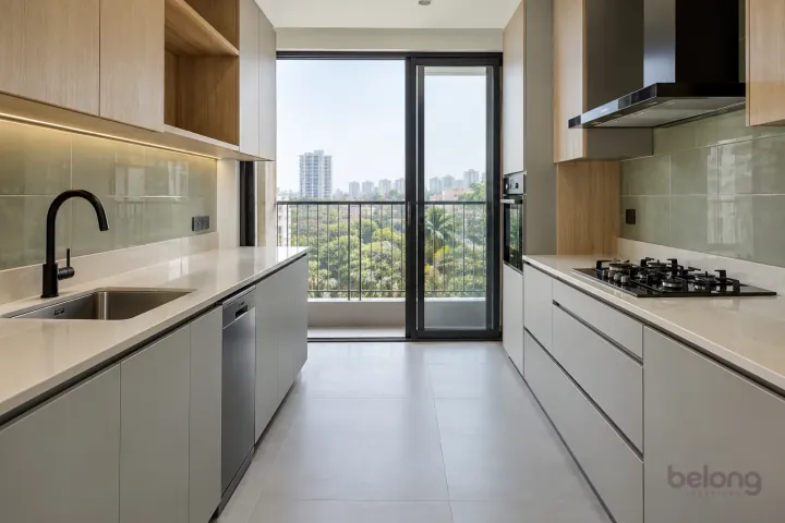 New modern compact sink beside a slimline dishwasher in mist grey and light oak, with pale cream quartz worktops and large-format pale sage ceramic tiles.