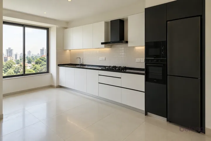 New modern compact straight kitchen in chalk white and midnight black, with honed black granite worktops and warm-white square ceramic tiles.