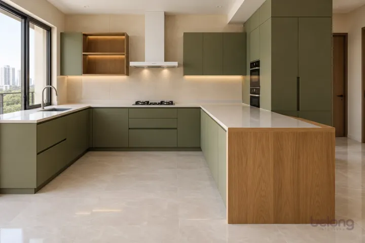 Olive peninsula with an oak end panel, with olive green and warm white finishes, precise fitted joinery and pristine surfaces in a contemporary Indian home.