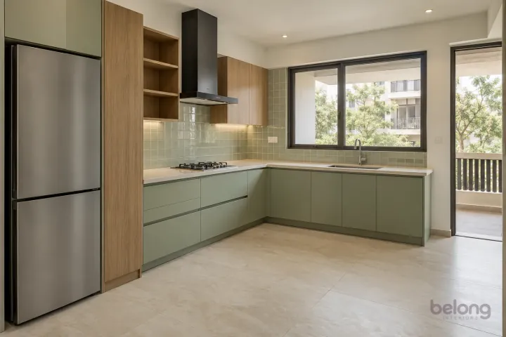 New modern compact L-shaped kitchen in pistachio and cypress oak, with cream quartz worktops and soft pistachio square gloss tiles.