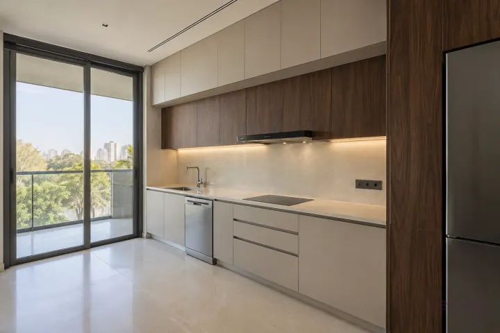 New modern ceiling-height storage for a small flat in greige and dark oak, with cream porcelain slab worktops and pale beige large-format ceramic.