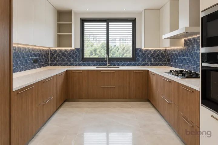 Teak and white with indigo tile accents, with teak and soft white finishes, precise fitted joinery and pristine surfaces in a contemporary Indian home.