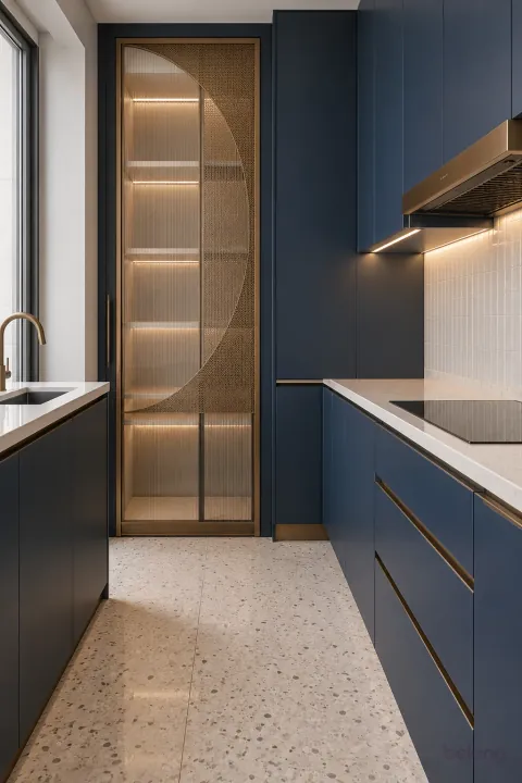 Indigo pantry with a perforated metal front, with deep indigo and soft white finishes, precise fitted joinery and pristine surfaces in a contemporary Indian home.