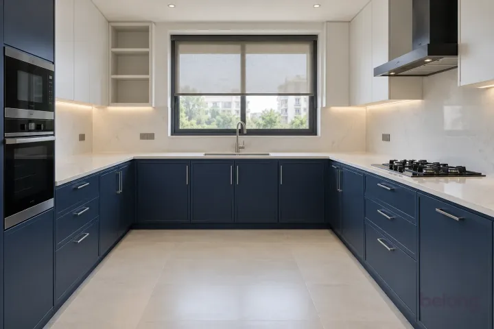 Navy slim-frame U-shape with white quartz, with navy and white quartz finishes, precise fitted joinery and pristine surfaces in a contemporary Indian home.