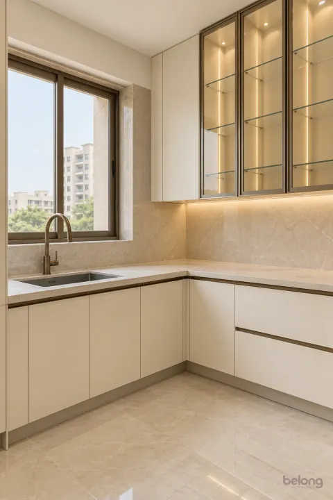 Ivory slim-frame cabinets with clear glass, with ivory and honed stone finishes, precise fitted joinery and pristine surfaces in a contemporary Indian home.