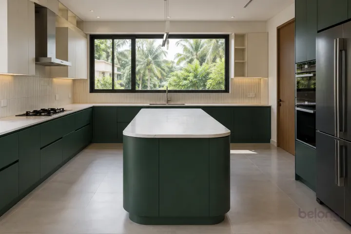 New modern villa kitchen with a central island in emerald and ivory, with white marble-look sintered stone worktops and pale ivory vertical finger tiles.