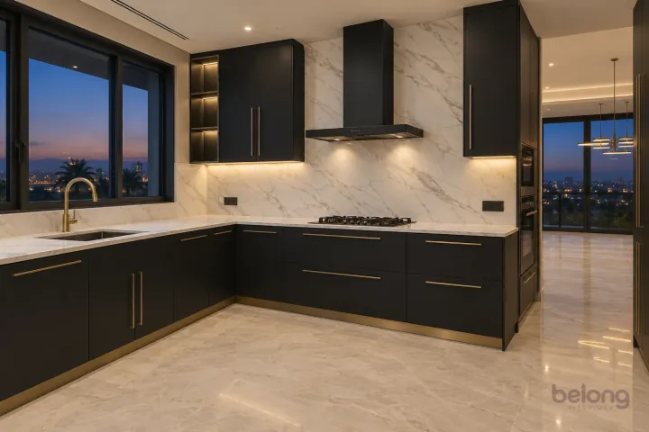 Black and brass kitchen with marble-look splash, with matte black and marble-look white finishes, precise fitted joinery and pristine surfaces in a contemporary Indian home.