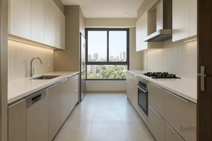 New modern parallel kitchen with a clear aisle in champagne and oyster, with white fine-grain quartz worktops and pearl white narrow fluted ceramic tiles.