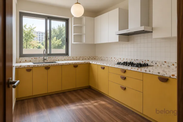 Mustard and terrazzo mid-century kitchen, with mustard and terrazzo white finishes, precise fitted joinery and pristine surfaces in a contemporary Indian home.